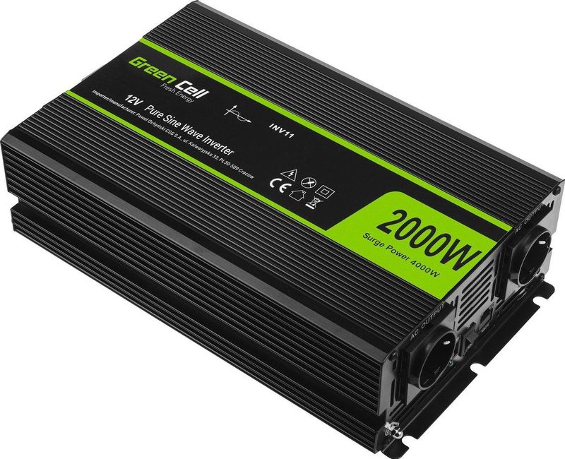 Green Cell - Zuivere Sinus Omvormer - Zwart - 12V naar 230V - 2000W continu