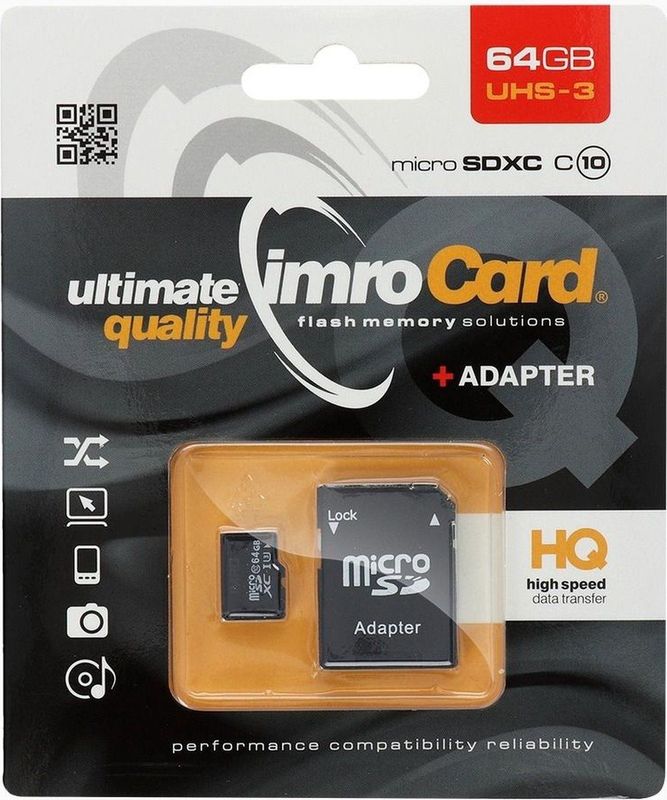 Imro Micro SD Kaart 64GB - 100MB/s - Inclusief Adapter - Zwart