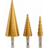 Högert Technik Trappenboorset, HSS schilboor, 4-12 mm, 4-20 mm, 4-32 mm, titanium gecoat, HEX 1/4 inch, kegelboor voor metaal, hout en kunststof, conische boor