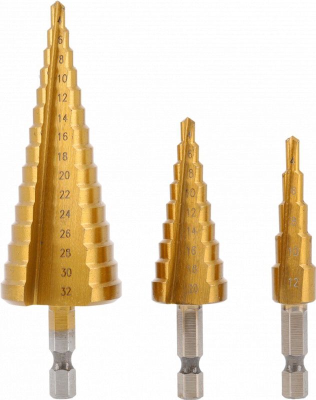 Högert Technik Trappenboorset, HSS schilboor, 4-12 mm, 4-20 mm, 4-32 mm, titanium gecoat, HEX 1/4 inch, kegelboor voor metaal, hout en kunststof, conische boor