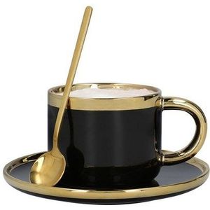 HOMLA Sinnes Koffiekop Porselein met Schotel & Lepel - Theemok Kop Koffieset - Vintage RVS 200ml Zwart & Goud
