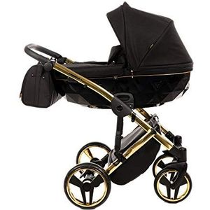 Baby PRAM kinderwagen set JUNAMA Diamond S-LINE BABYWAGEN Buggy BABYSCHALE + ZUBEHÖR (02 Schwarz-Gold, 2in1)