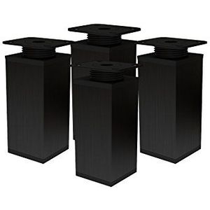 Alusfera Set van 4 in hoogte verstelbare meubelpoten, meubelpoten, verstelbare meubelpoten, kastpoten, 40 x 40 mm, metalen poten voor meubels, 100 mm, meubelaccessoires, zwart