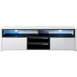 Selsey Mario - TV-kast laag / tv-kast in wit/zwart met glanzende fronten en moderne led-staande verlichting 137 cm