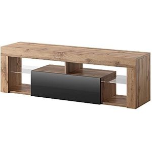 Selsey Hugo TV-kast in houtlook, met deksel van glanzend hout, om op de vloer te staan, Lancaster eiken/zwart hoogglans, 35 x 140 x 51 cm