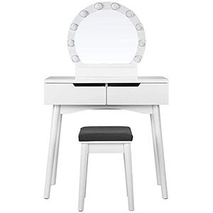 Selsey Derra Make-uptafel/make-upcommode in wit met twee laden, ronde spiegel en kruk, 80 cm breed