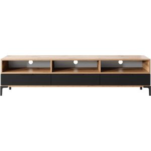 Selsey - RIKKE - TV-meubel met drie planken en nissen met verlichting - 160 cm - Wotan eiken / Zwart glans