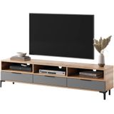 Selsey - RIKKE - TV-meubel met drie planken en nissen - 160 cm - Wotan eiken / Grijze glans