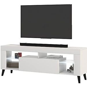 Selsey HugoB Moderne tv-kast met glazen poten en legplanken, 140 cm (mat wit/glanzend wit met led)
