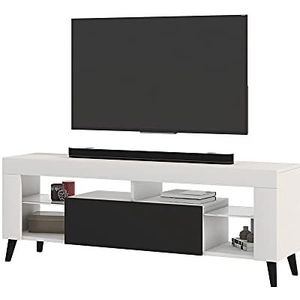 Selsey HugoB Moderne tv-kast met poten en glazen legplanken 140 cm (wit mat / zwart glanzend, zonder LED)