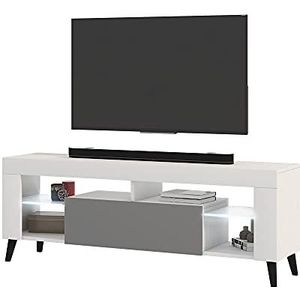 Selsey HugoB Moderne tv-kast met poten en glazen legplanken 140 cm (wit mat / grijs hoogglans met LED)