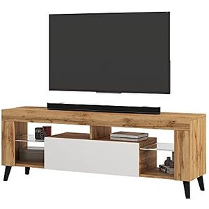 Selsey HugoB Moderne tv-kast met poten en glazen planken 140 cm (Lancaster eiken mat/wit glanzend, zonder LED)