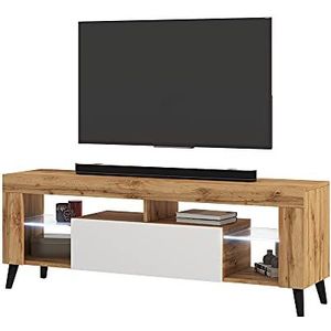 Selsey HugoB Moderne tv-kast met poten en glazen planken - 140 cm (Lancaster eiken mat/wit glanzend met LED)