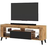 Selsey HugoB Moderne lage tv-kast met glazen poten en legplanken, 140 cm (Lancaster eiken mat / zwart glanzend, zonder led)