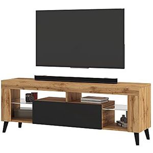 Selsey HugoB Moderne lage tv-kast met poten en glazen planken, 140 cm (Lancaster eiken mat/zwart glanzend, zonder led)
