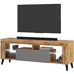 Selsey HugoB Modern tv-lowboard met glazen poten en legplanken, 140 cm (eiken mat/grijs hoogglans met LED)