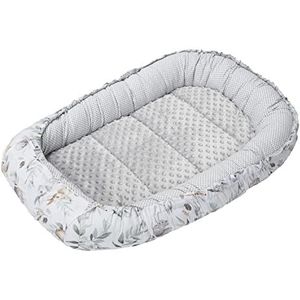 Medi Partners Babynest Knuffelnest 100% Katoen Nest Reis Bed voor baby's 100x60x15cm Uitneembaar inzetstuk (Herten in bladeren met grijze Minky)