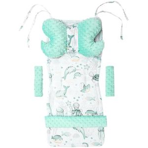 Medi Partners Universeel kussen voor zitting en kinderwagen, 5-delig, kinderwageninzetstuk, overlay voor riemen + voor de Minky katoenen haarband (Oceaan mint mint)
