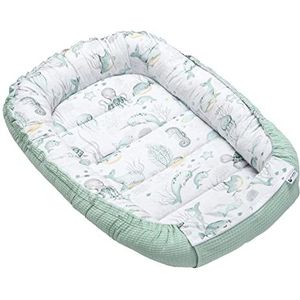 Medi Partners Babynest Knuffelnest 100% Katoen Wafel Reisbedje Voor baby's Zuigelingen 100x60x15cm Veilige sluiting (Oceaan met munt Wafel)