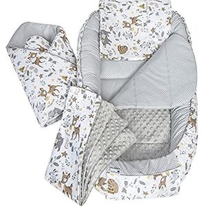Medi Partners Babycocon, 5 elementen, 100 x 60 x 15 cm, 100% katoen, babybedverkleiner, hoofdkussen, deken, afneembaar inzetstuk (hert met grijze minky)