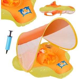 Baby Zwemband Geel Oranje 6-18 Maanden met Afneembare Overkapping en Pomp - Zwemring - Zwemzitje - Zwembandjes - Zwemhulp - Zwemtrainer - Baby Float - 0, 1 & 1,5 Jaar