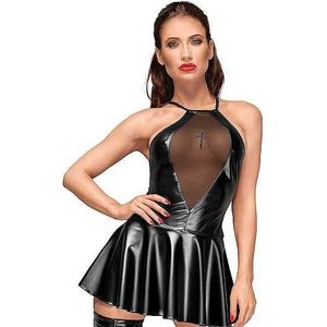 Decadence - Wetlook flared mini dress with embroided cross - L