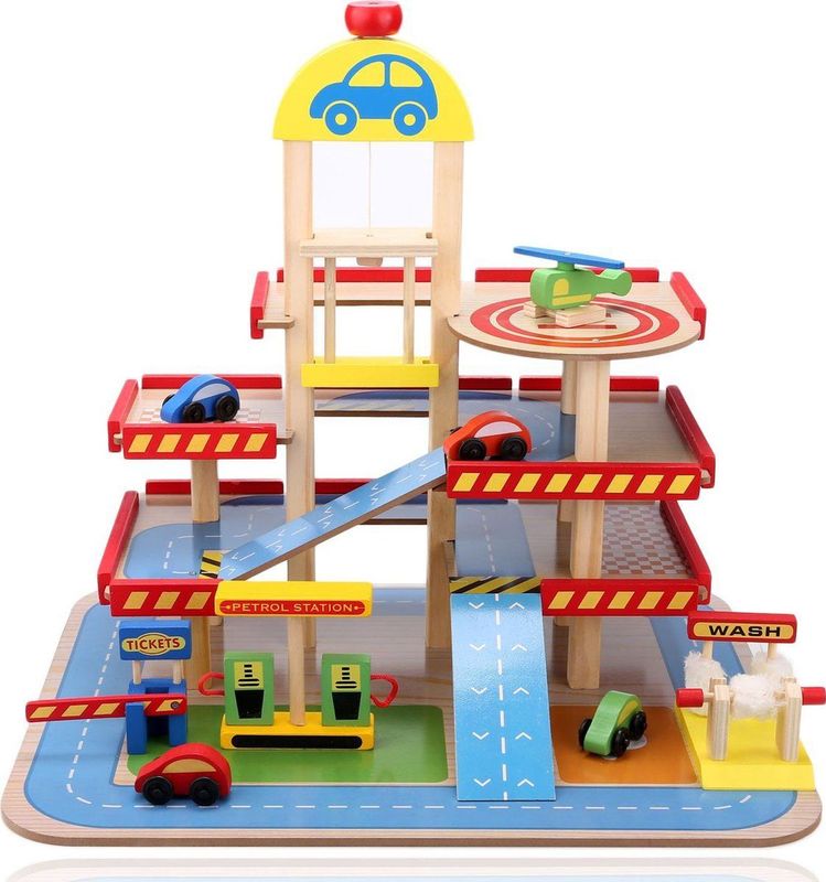 Speelgoed garage - hout - met lift en auto's - 50x39,5x47 cm