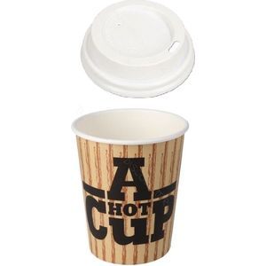 Kartonnen Koffiebeker to go 8oz 240ml bruin_wit + witte deksels- 100 Stuks- wegwerp papieren bekers karton – drank bekers – drinkbekers- koffie beker – wegwerpbeker – Koffiekopjes – Koffiemokken - Warme en Koude Dranken