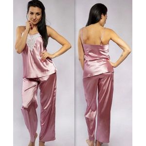 Uitzonderlijke blauwe satijnen pyjama versierd met kant | satijnen pyjama | cadeau-idee | DKaren Melanie | heide kleur | S