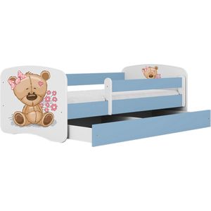 Kocot Kids - Bed babydreams blauw teddybeer bloemen met lade met matras 160/80 - Kinderbed - Blauw