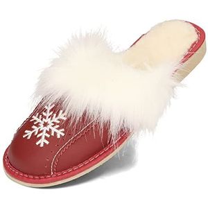 BeComfy Pantoffels voor dames, suède, warme pantoffels, leer, met wol, winter, beige, rood, marineblauw, 36-41 EU, Rood 2