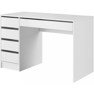 InspireMe- Modern bureau met 5 laden, Bureautafel, Computertafel, Computerbureau, werktafel - (120x75x55cm) Glazend WIT