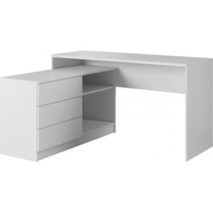 InspireMe- Modern bureau, tafel, hoektafel voor op kantoor, kinderkamer, spelletjes, computerbureau, werktafel - 3 laden - 2 planken - (138,2 cm - 76 cm - 50,4 cm) - WITO (wit)