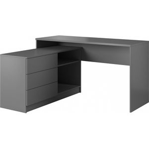 InspireMe- Modern bureau, tafel, hoektafel voor op kantoor, kinderkamer, spelletjes, computerbureau, werktafel - 3 laden - 2 planken - (138,2 cm - 76 cm - 50,4 cm) - Grijs