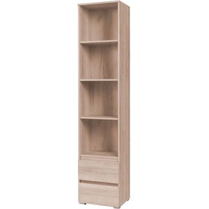 InspireMe -  Boekenkast, vakkenkast met twee lades, Boekenrek, rek, opbergrek met 4 niveaus, boekenplank (BxDxH 45x34x204) M01 Moon (Sonoma eiken)