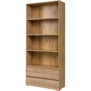 Inspireme boekenkast - Vakkenkast met twee lades - Boekenrek - Rek - Opbergrek met 4 niveaus - Boekenplank -92x34x204 bxdxh-m03- Riviera Eik