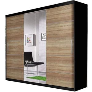 InspireMe- Zweefdeurkast Kledingkast met Spiegel Garderobekast met planken en kledingstang - 233x61x218 cm (BxDxH) -ALFA (Zwart+Sonoma)