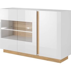 Dressoir - Commode - Kast - Vitrinekast met glas, 2 deuren + 3 lades, incl verlichting - 138.2 x 40cm x 90.5 cm - eiche grandson + wit - Salta E 138 Led