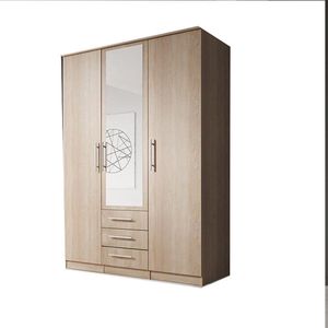 InspireMe- Kledingkast vouwdeurkast met spiegel 3-deurs kledingkast met veel planken en kledingroede Gaderobe BxHxD 150x210x64 - RUTH 3D (Sonoma eiken + spiegel)