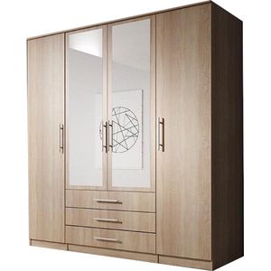 InspireMe- Kledingkast met spiegel, 4-deurs kledingkast met veel planken, drie lades en kledingroede, ruime kledingkast 200x210x64 RUTH 4D (Sonoma)