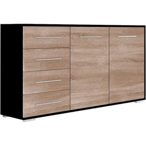 InspireMe- Commode, dressoir lade highboard kast bijzettafel met 2 deuren en 4 lades 135x45x95 cm KOM001 (ZWART+SONOMA EIKEN )