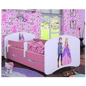 Naka24 Kinderbed met matras en bedkast voor meisjes, roze 160x80 cm Prinses met prins