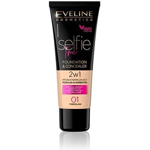 Eveline Cosmetics Selfie Time Feuchtigkeitsspendende Foundation & Concealer Nr. 01 Porzellan - Aufbaubare Deckkraft, Hyaluronsäure & Vitamin E, Anti-Pollution Formel, 30ML