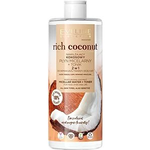 EVELINE COSMETICS Rijke kokosnoot micellair water + hydraterende tonic 2in1 voor alle huidtypes Make-up remover Biologisch product Veganistische formule 96% natuurlijke dag en nacht 500ml