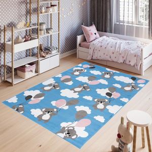 Tapiso Pinky Vloerkleed Blauw Grijs Dieren Kinderkamer Speeltapijt Maat- 140x200