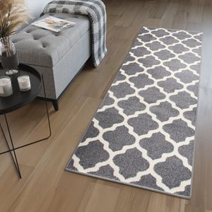 Tapiso Maroko Tapijt Loper Grijs Wit Marokkaanse Trellis Woonkamer Slaapkamer Hal Maat - 90x1000