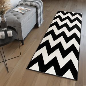 Tapiso Maroko Tapijt Loper Zwart Wit Zigzag Modern Woonkamer Slaapkamer Hal Maat - 70x400