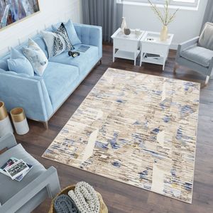 Tapiso Asthane Vloerkleed Beige Blauw Slaapkamer Woonkamer Tapijt Maat - 80x150