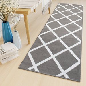 Tapiso Luxury Tapijtloper Grijs Wit Geruit Modern Gang Woonkamer Vloerkleed Maat- 100x150