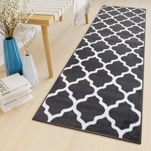 Tapiso Luxury Tapijtloper Grijs Donker Marokkaanse Trellis Gang Woonkamer Vloerkleed Maat- 70x150